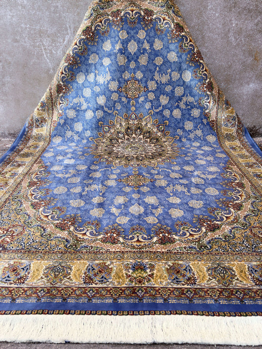 Ocean Blue with Golden Motifs Bamboo Silk Rug