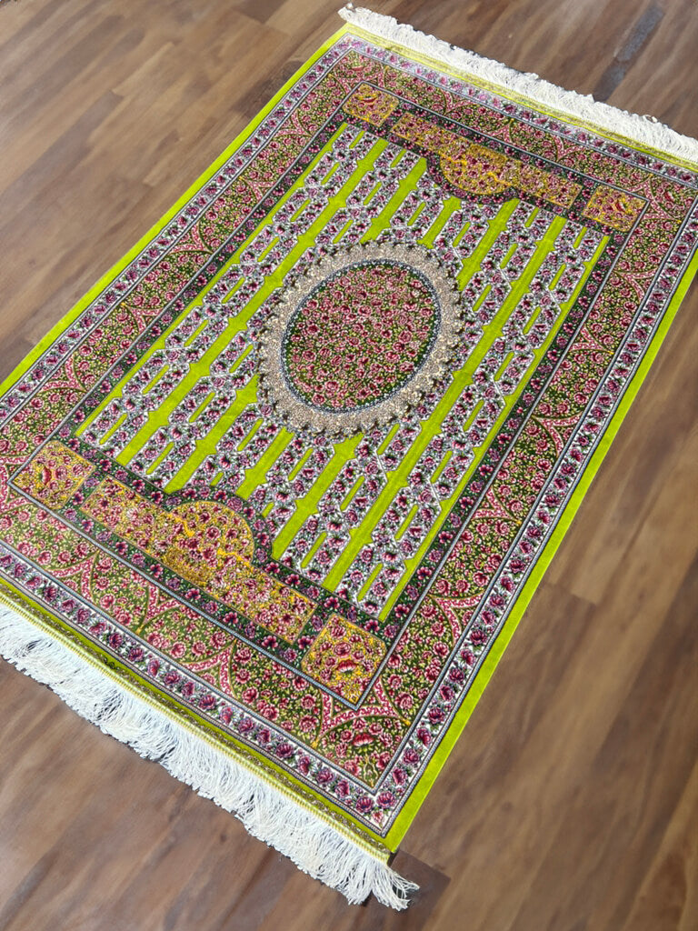 Chartreuse Floral Silk Area Rug Carpet