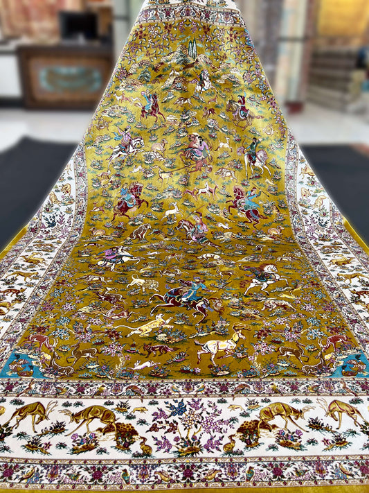 Olive Hunting Field Silk Persian Area Rug Carpet