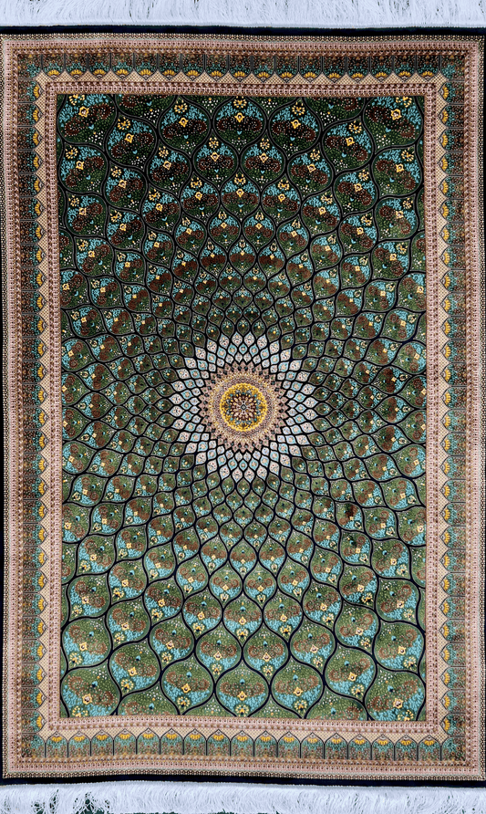 Green Peacock Dome Gonbad Bamboo Silk Rug