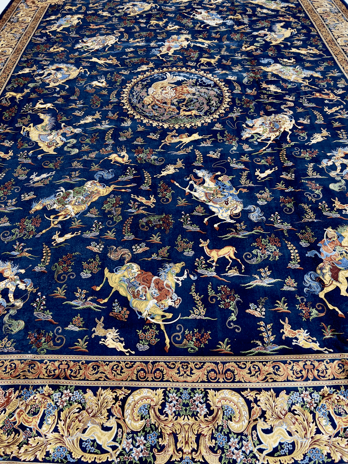 Mythic Navy Hunting Shekargah Bamboo Silk Rug