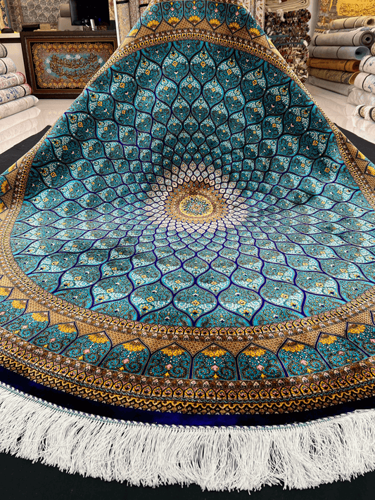 Round Turquoise Gonbad Dome Silk Rug