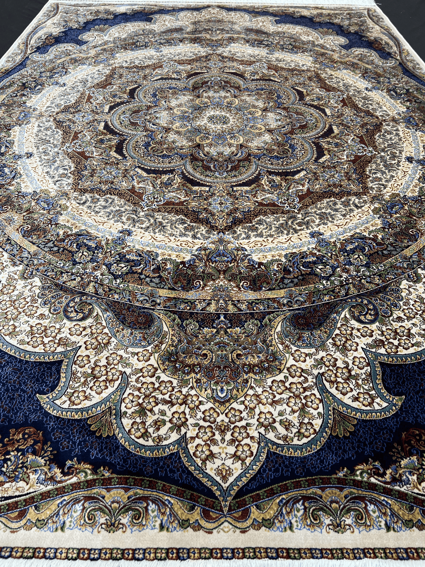 Grand Beige and Blue Bamboo Silk Rug