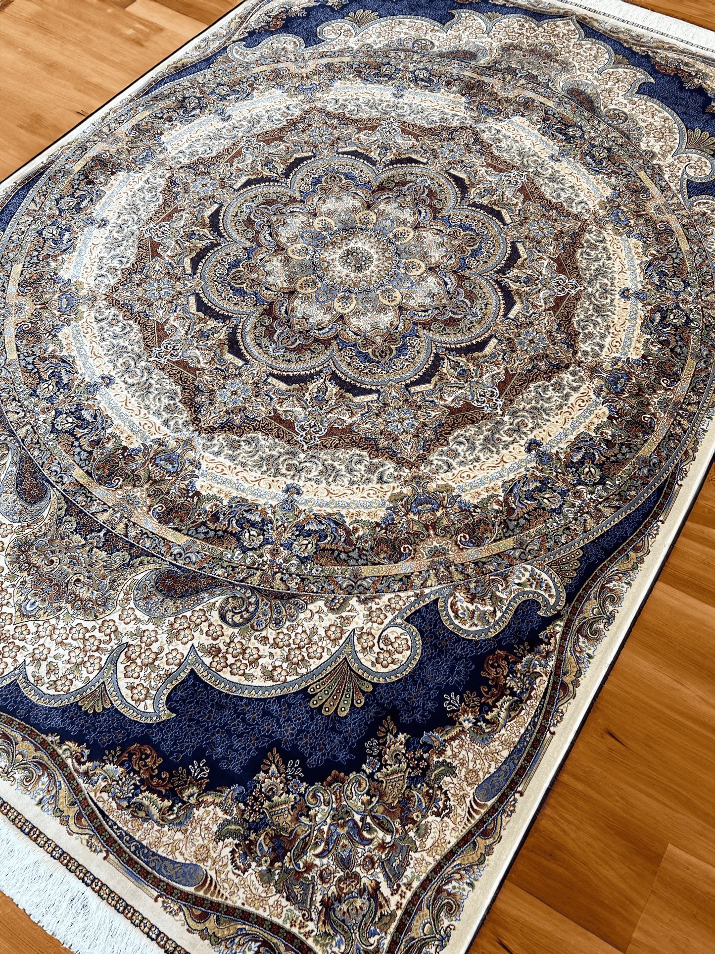 Grand Beige and Blue Bamboo Silk Rug