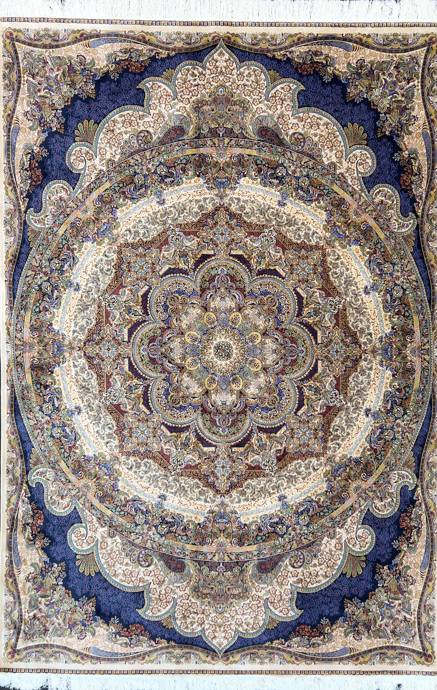 Grand Beige and Blue Bamboo Silk Rug