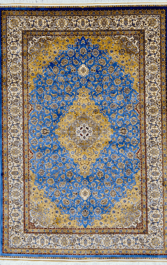 Blue Bamboo Silk Rug with Golden Frame