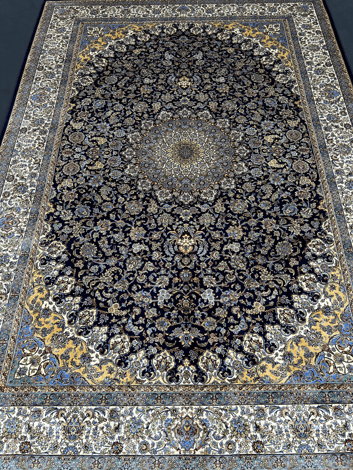 Dark Navy Floral Bamboo Silk Rug