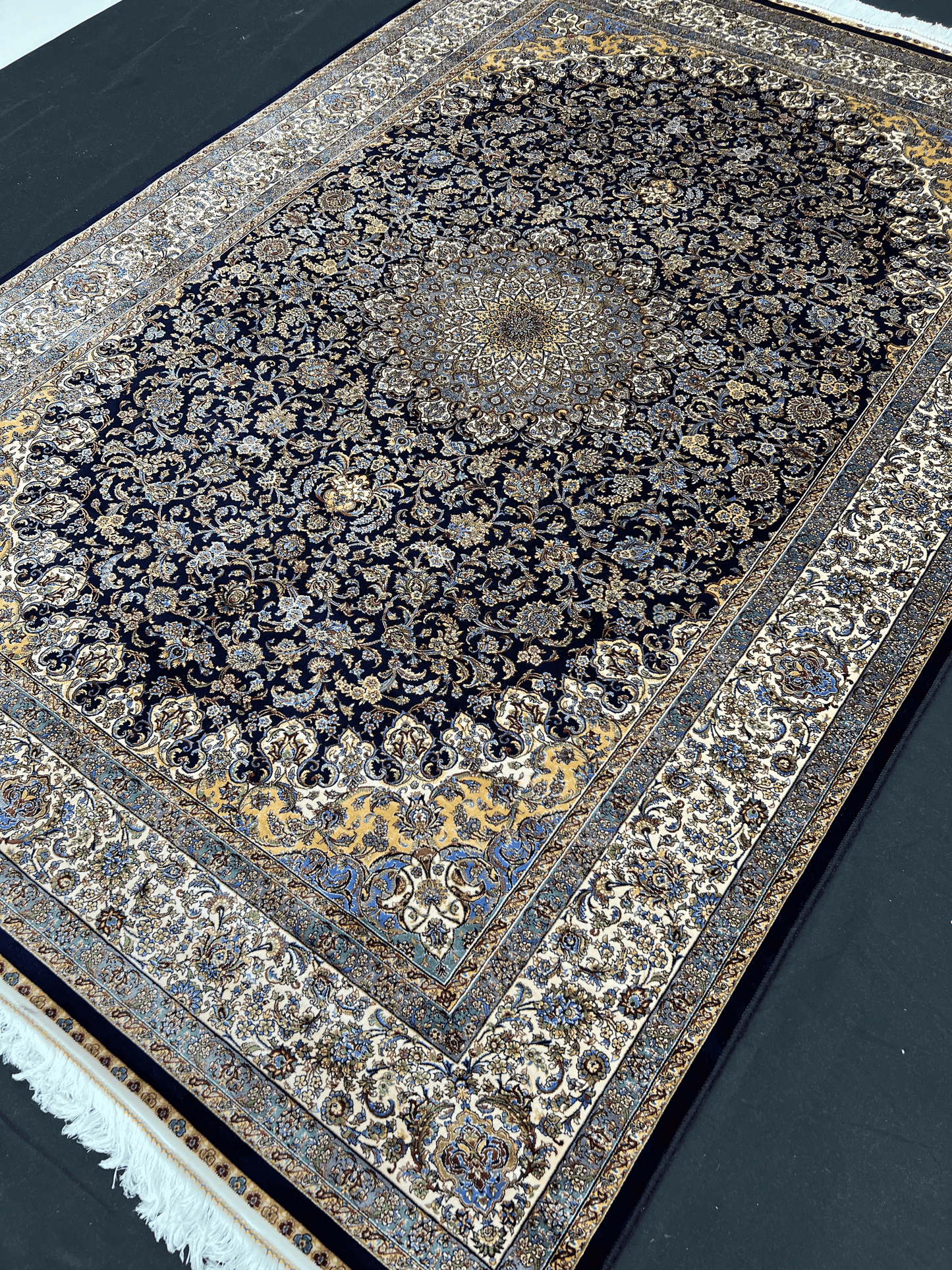 Dark Navy Floral Bamboo Silk Rug