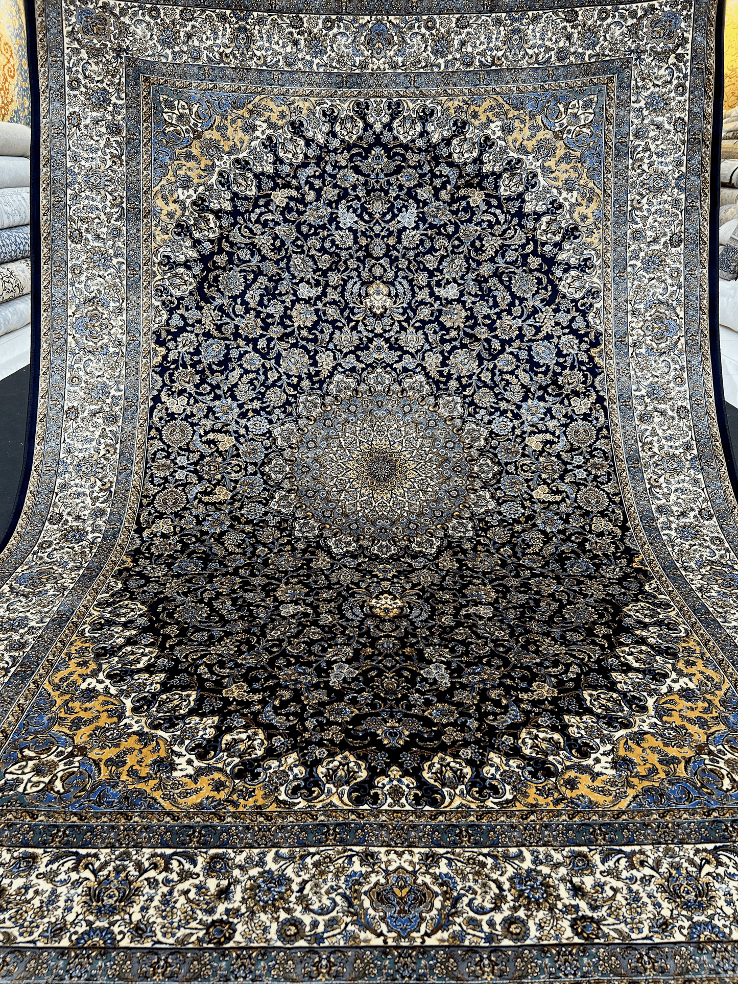 Dark Navy Floral Bamboo Silk Rug