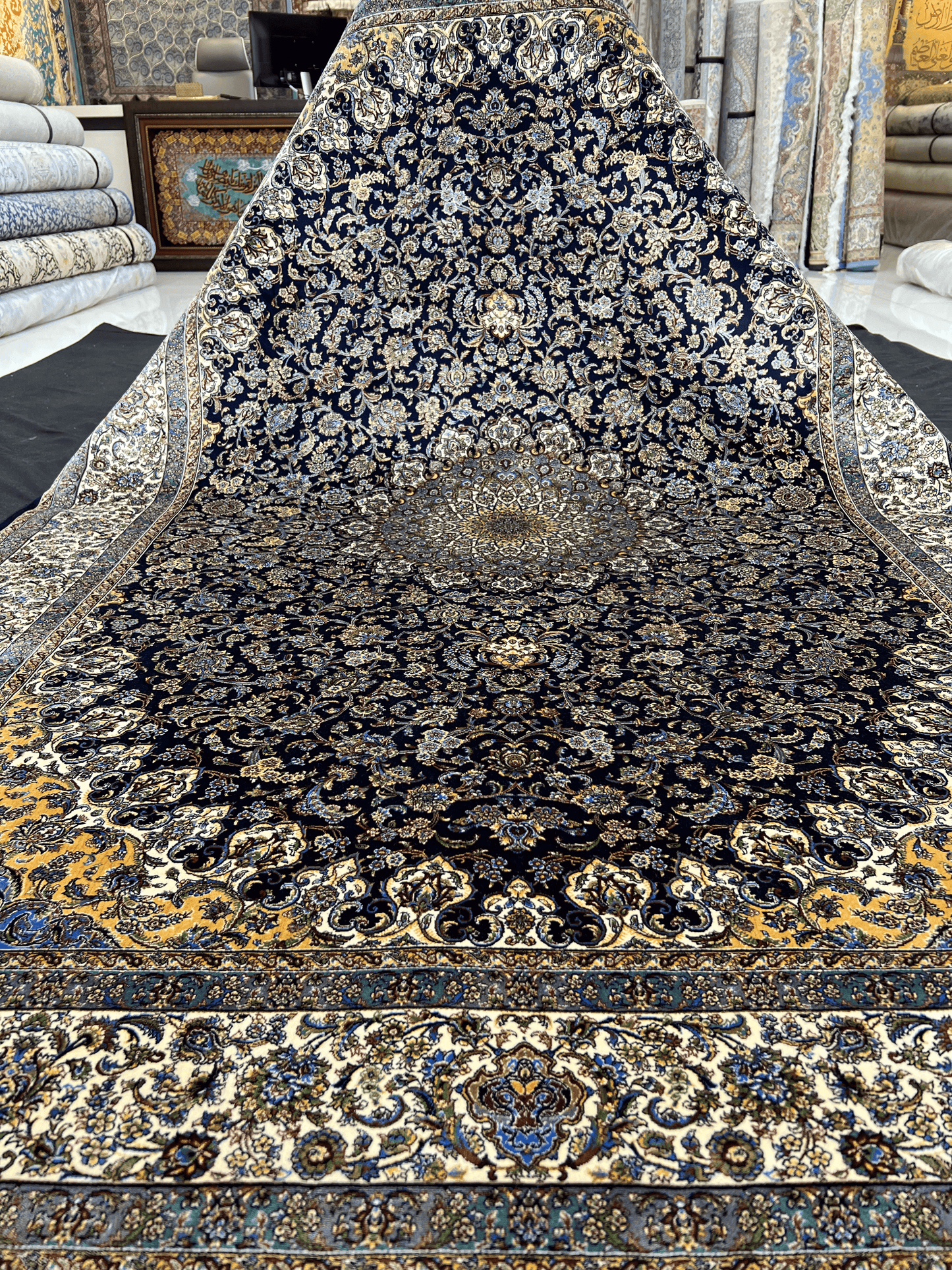 Dark Navy Floral Bamboo Silk Rug