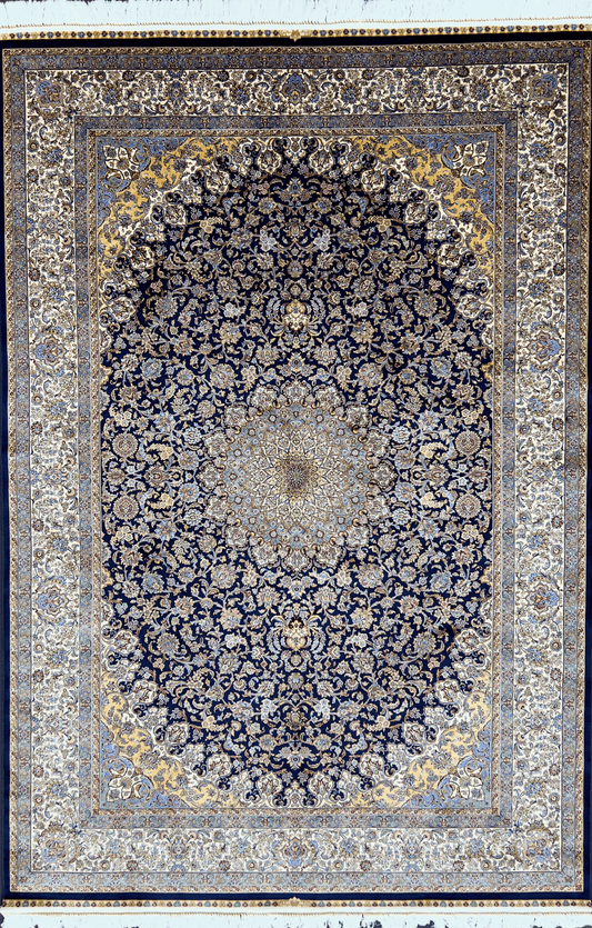 Dark Navy Floral Bamboo Silk Rug