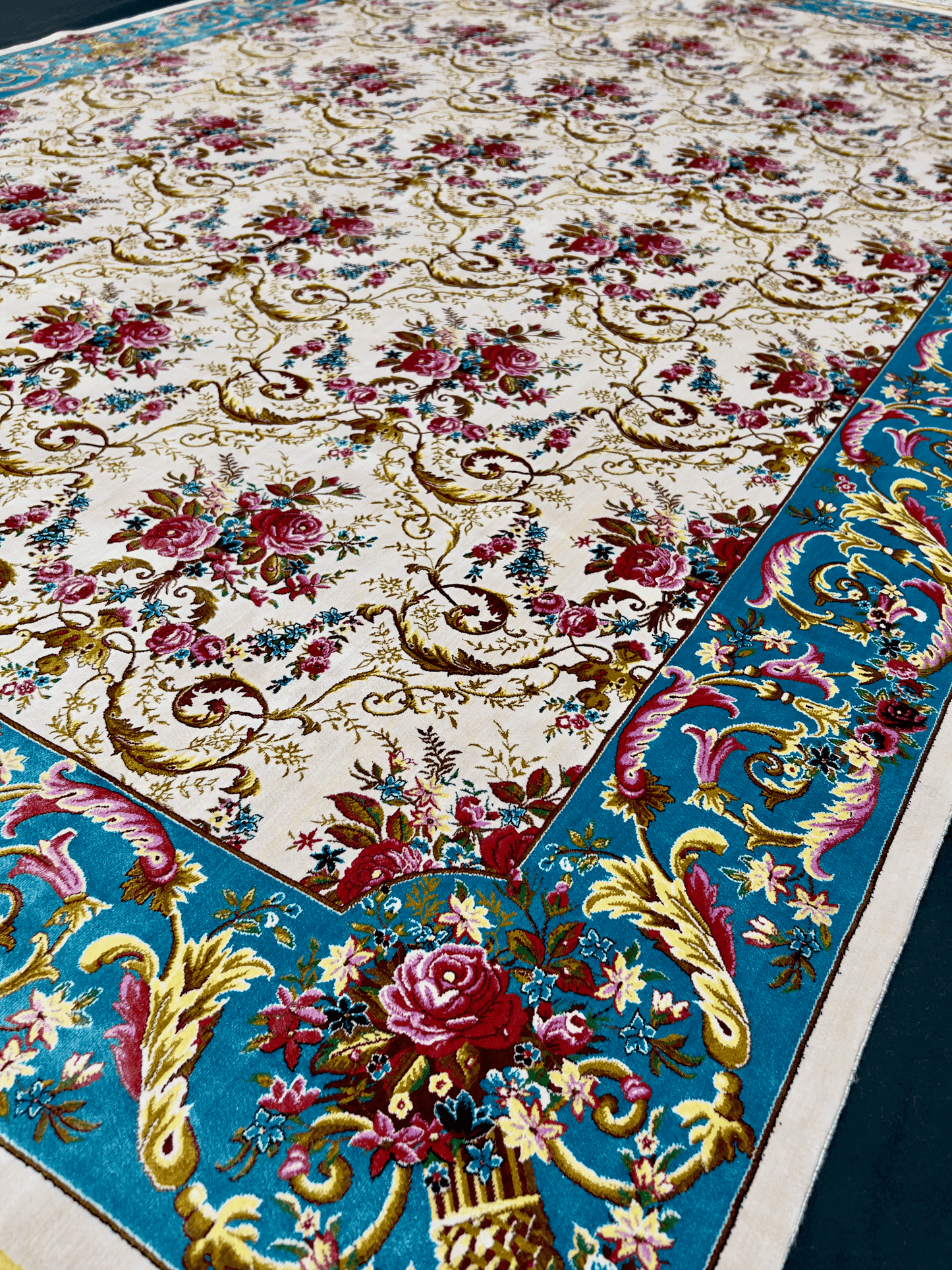 Neutral Beige Floral Elegance Bamboo Silk Rug