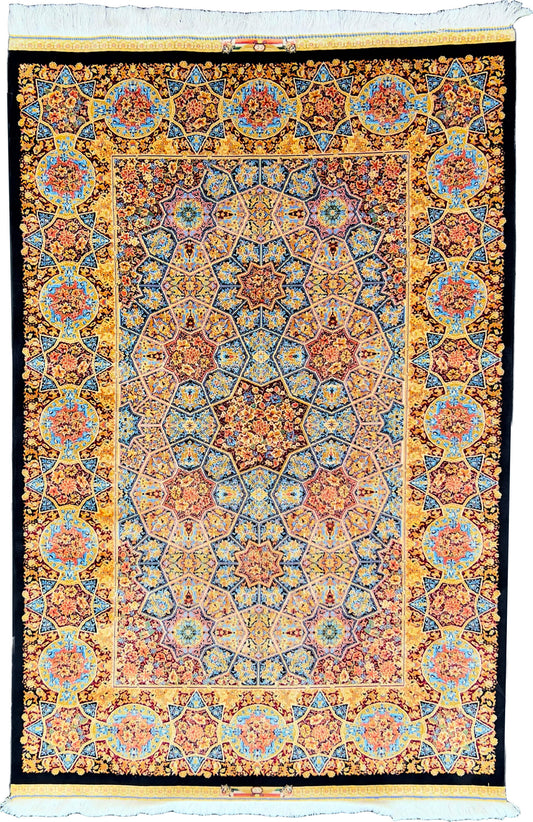 Yellow Hexagon Illusion Silk Rug