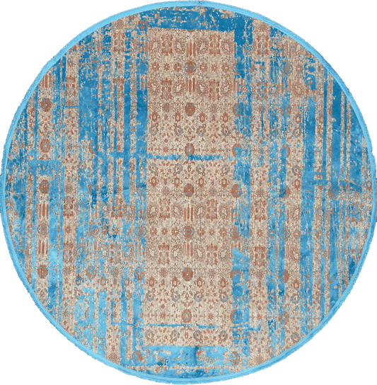 Round Vintage Blue Bamboo Silk and Wool Rug