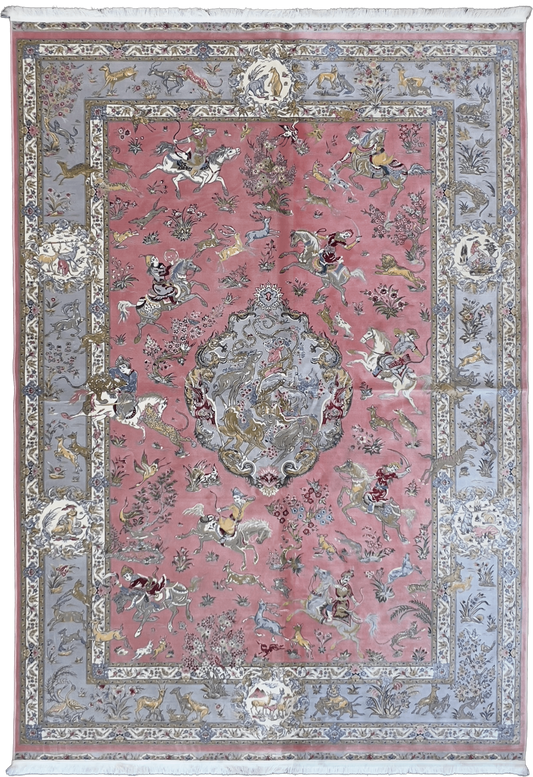 Pink Exquisite Hunt Scene Bamboo Silk & Acrylic Rug