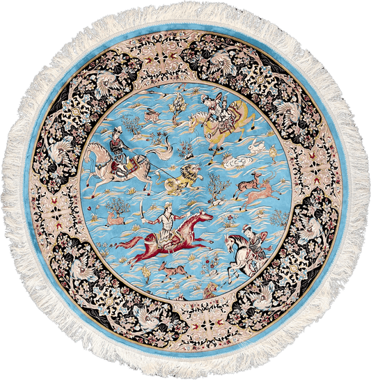 Blue Round Hunting Shekargah Bamboo Silk Rug