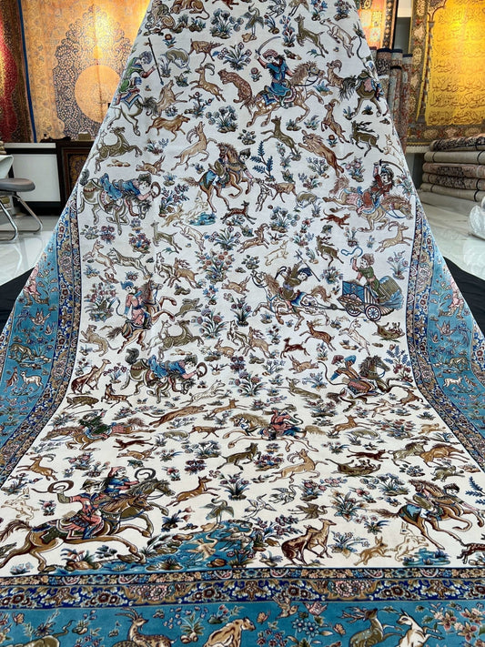 Beige And Turquoise Hunting Silk Area Rug