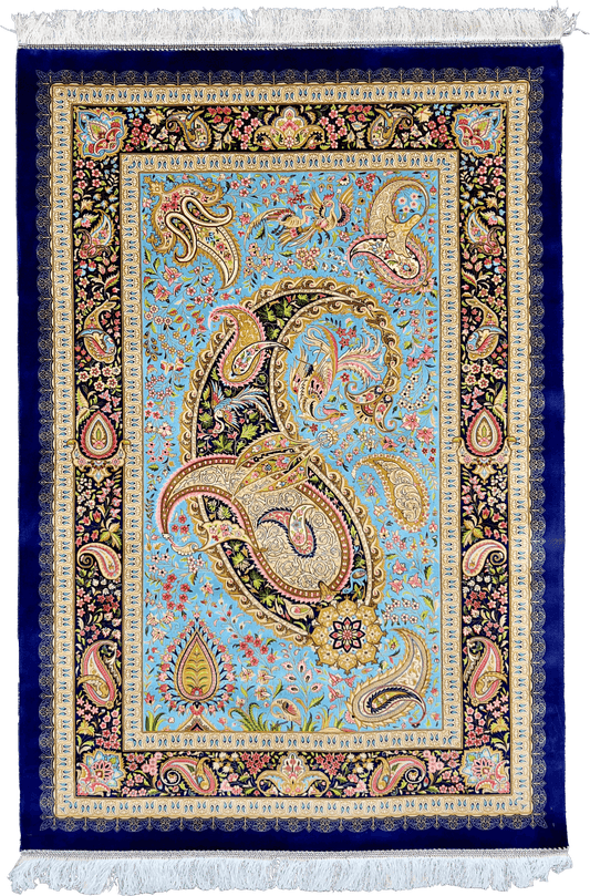 Silk Rug with a vibrant turquoise backdrop and a prominent black paisley (boteh) design