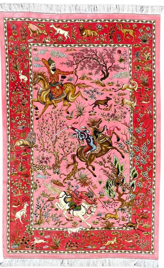 Pink Hunting Horses Silk Area Rug