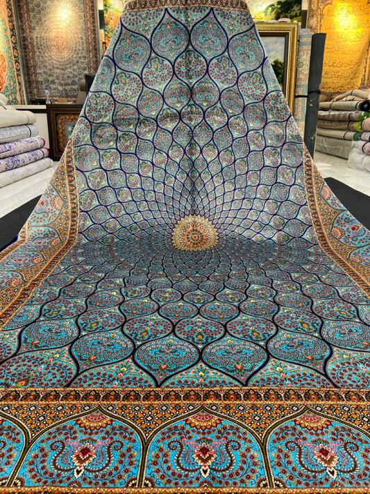 Exquisite Turquoise Dome Design Bamboo Silk Rug