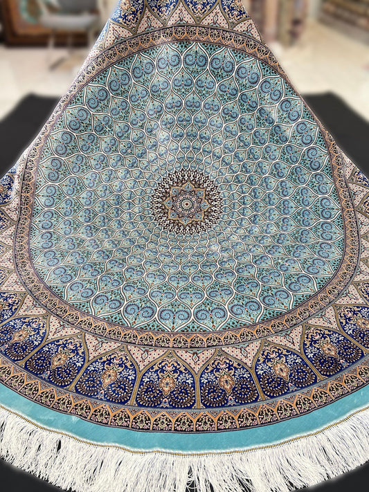 Round Blue Wave Gonbad Dome Silk Rug