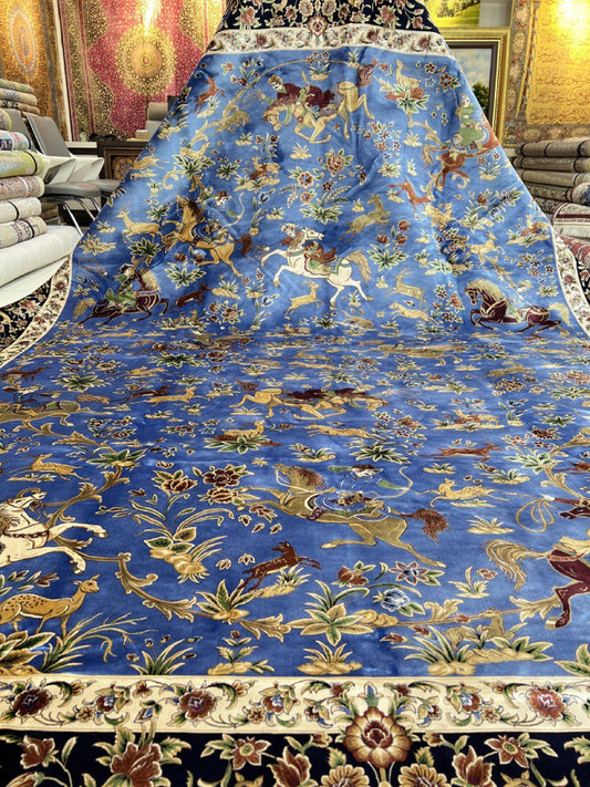 Shekargah Blue Hunting Silk Area Rug