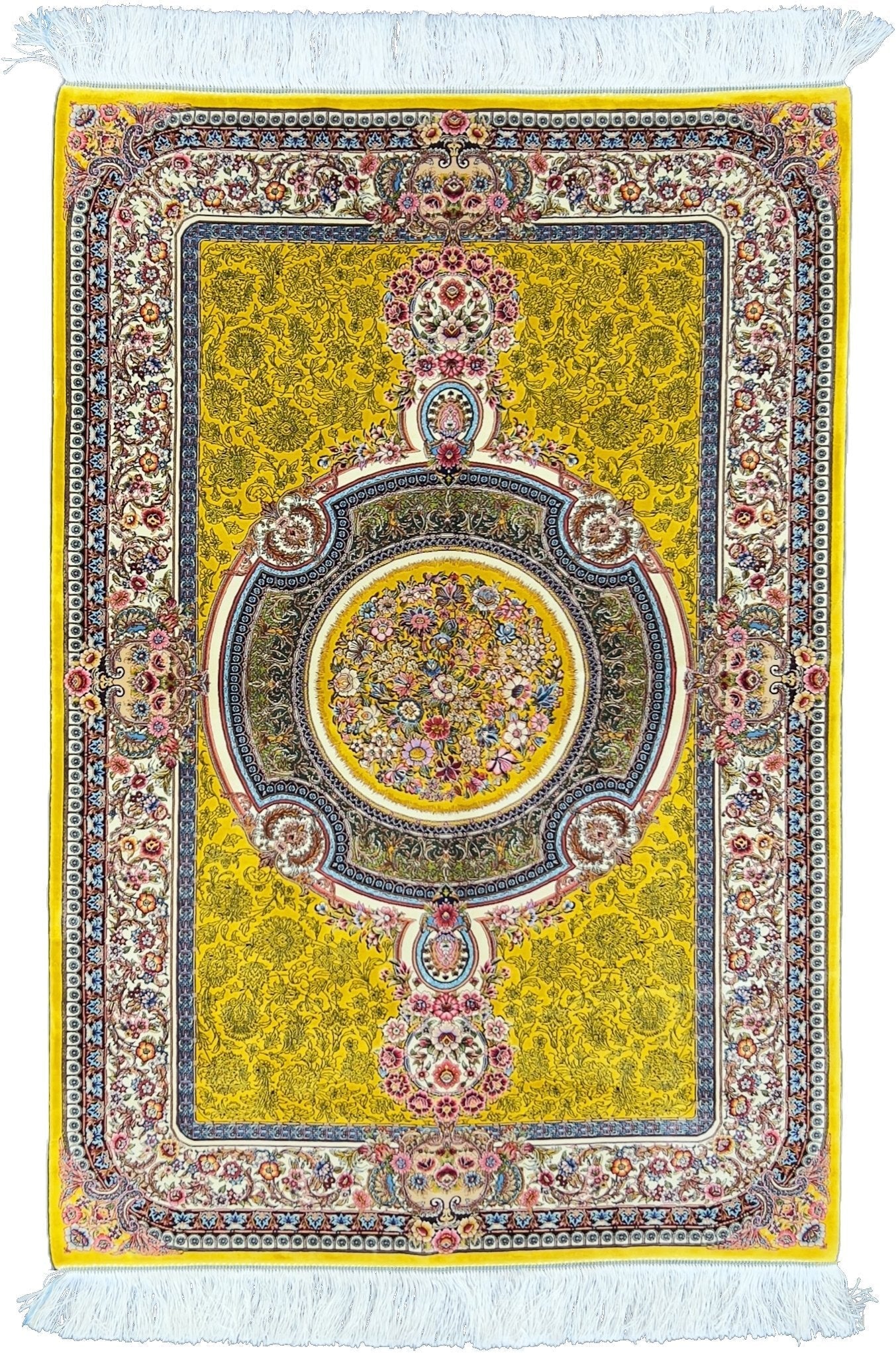 Yellow Floral Medallion Toranj Silk Rug