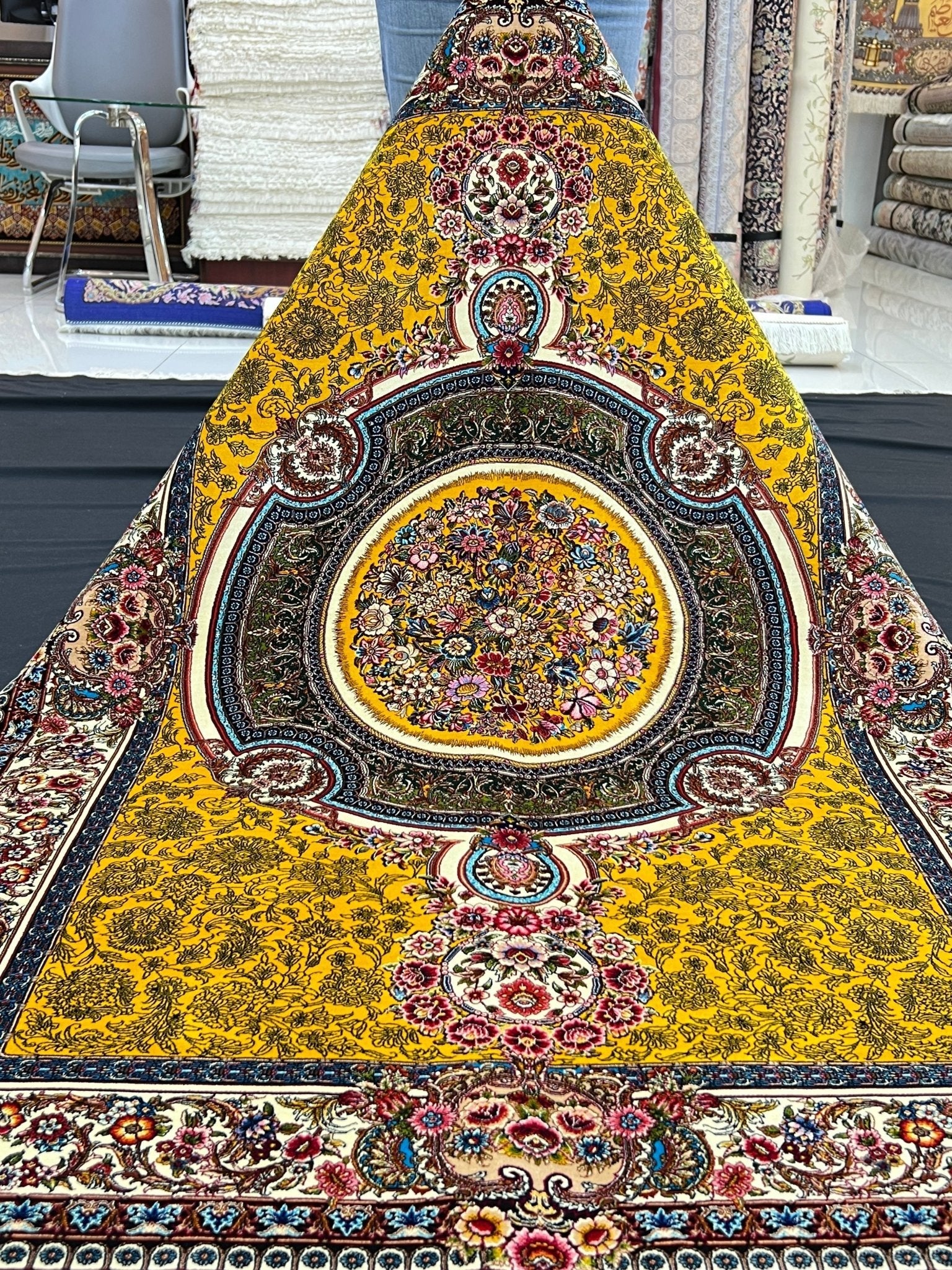 Yellow Floral Medallion Toranj Silk Rug