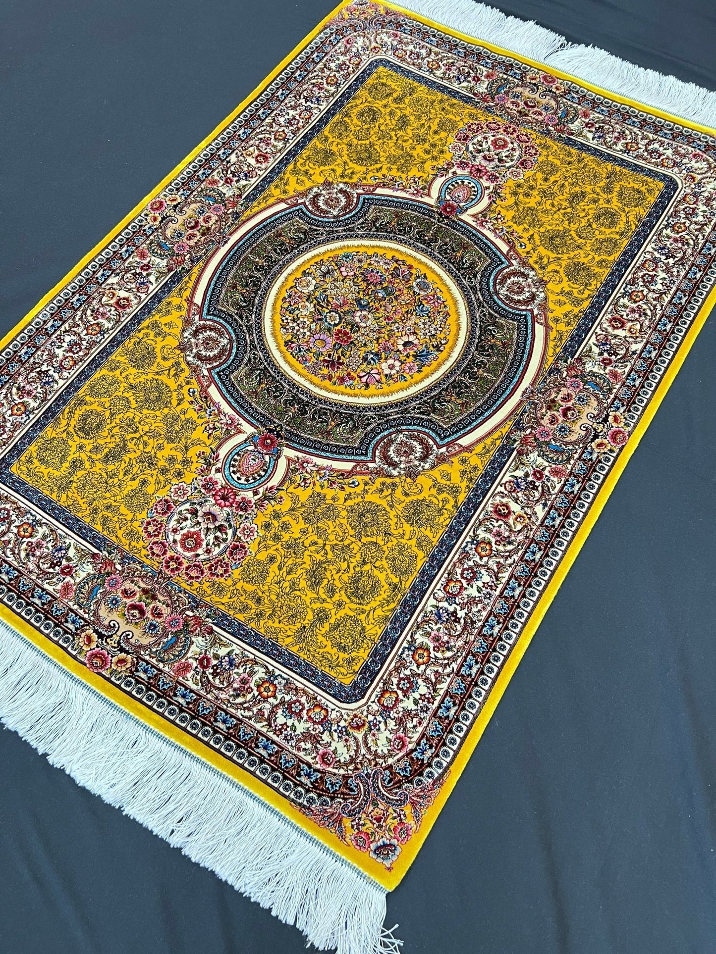 Yellow Floral Medallion Toranj Silk Rug