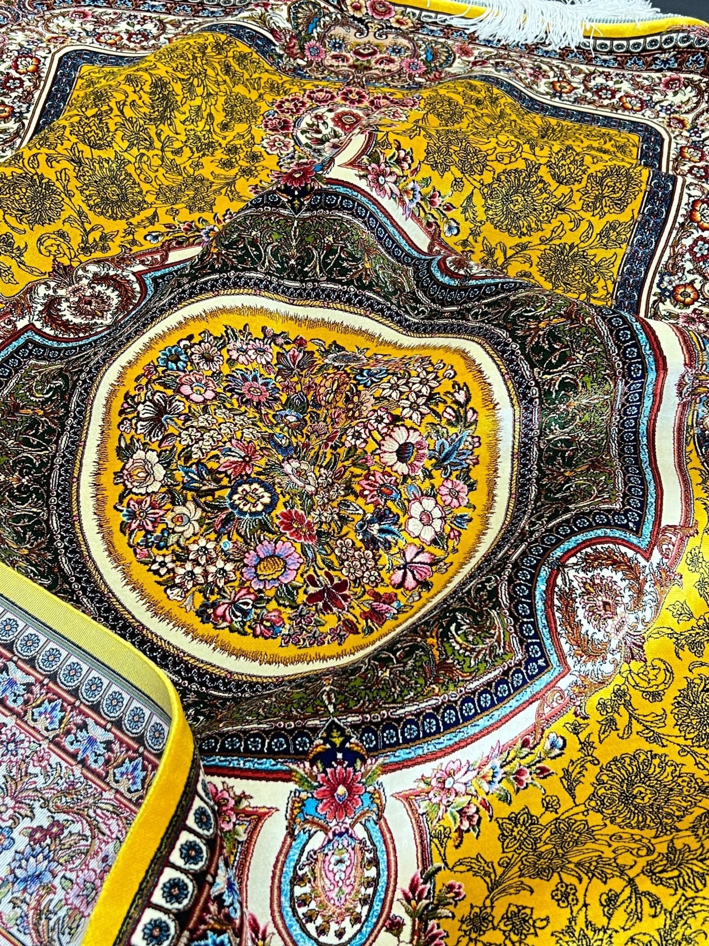 Yellow Floral Medallion Toranj Silk Rug