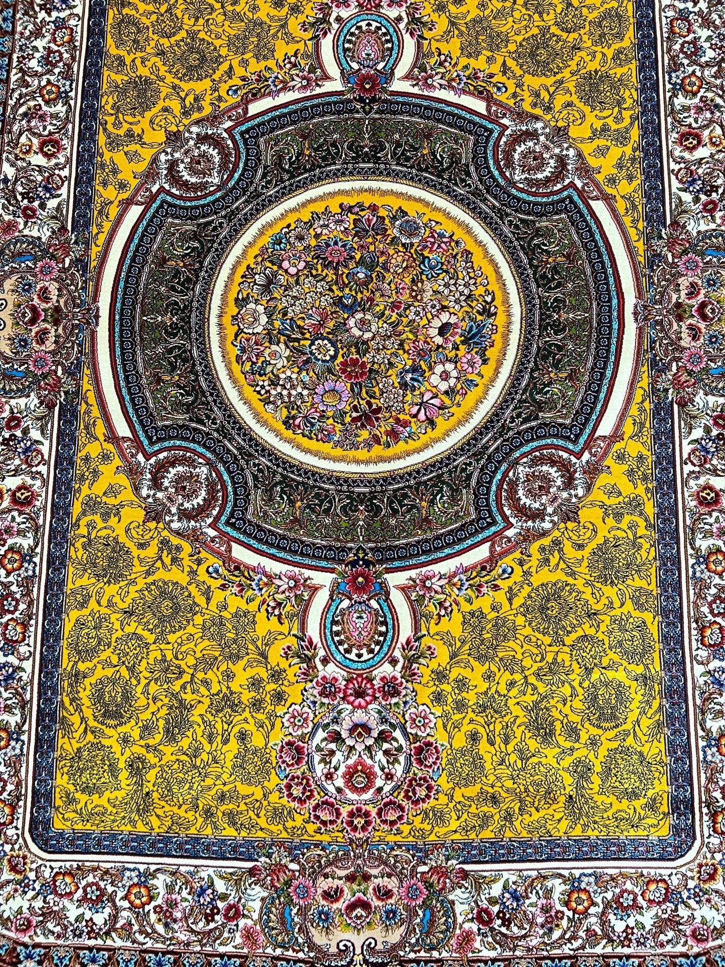 Yellow Floral Medallion Toranj Silk Rug