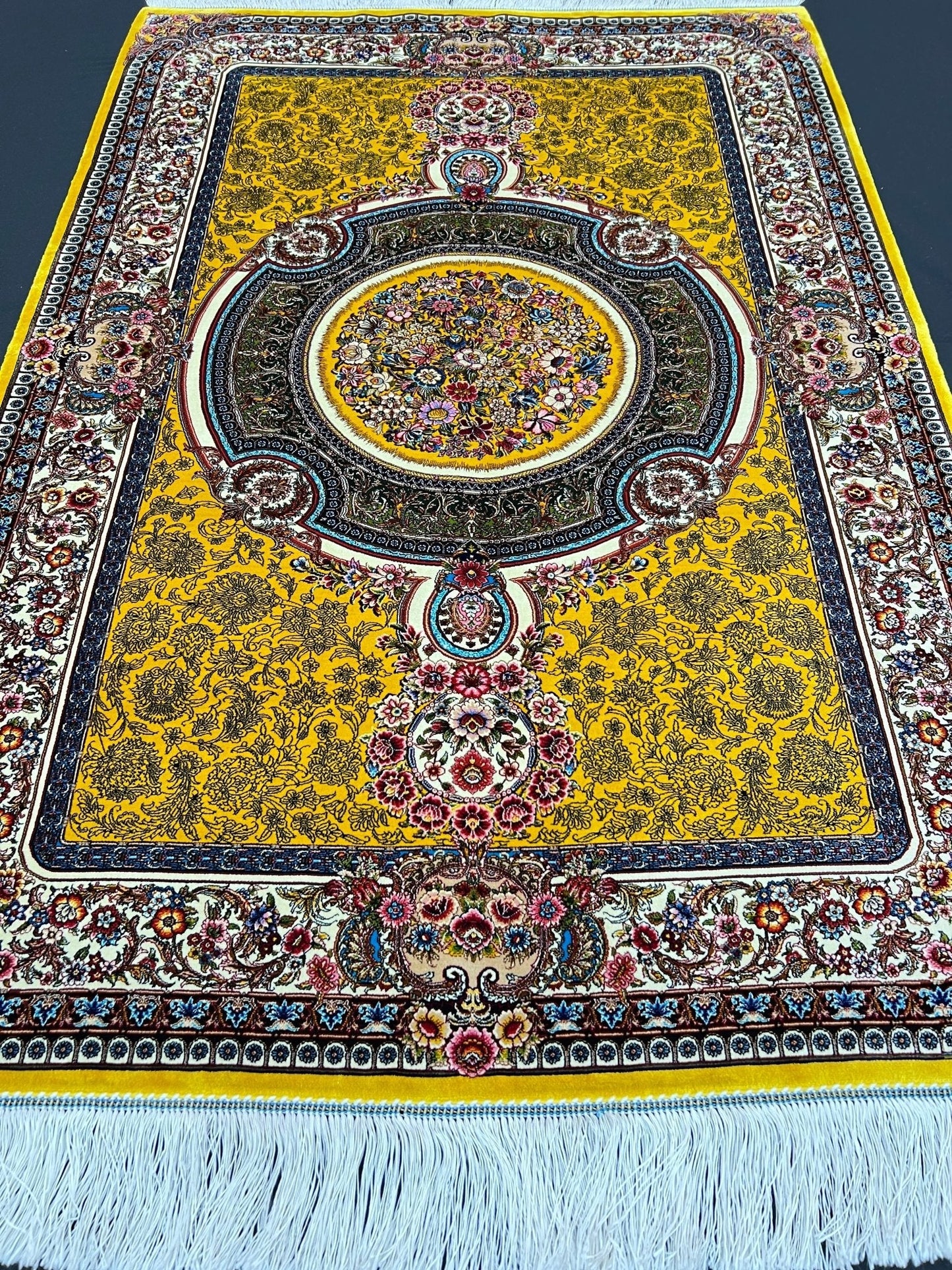 Yellow Floral Medallion Toranj Silk Rug