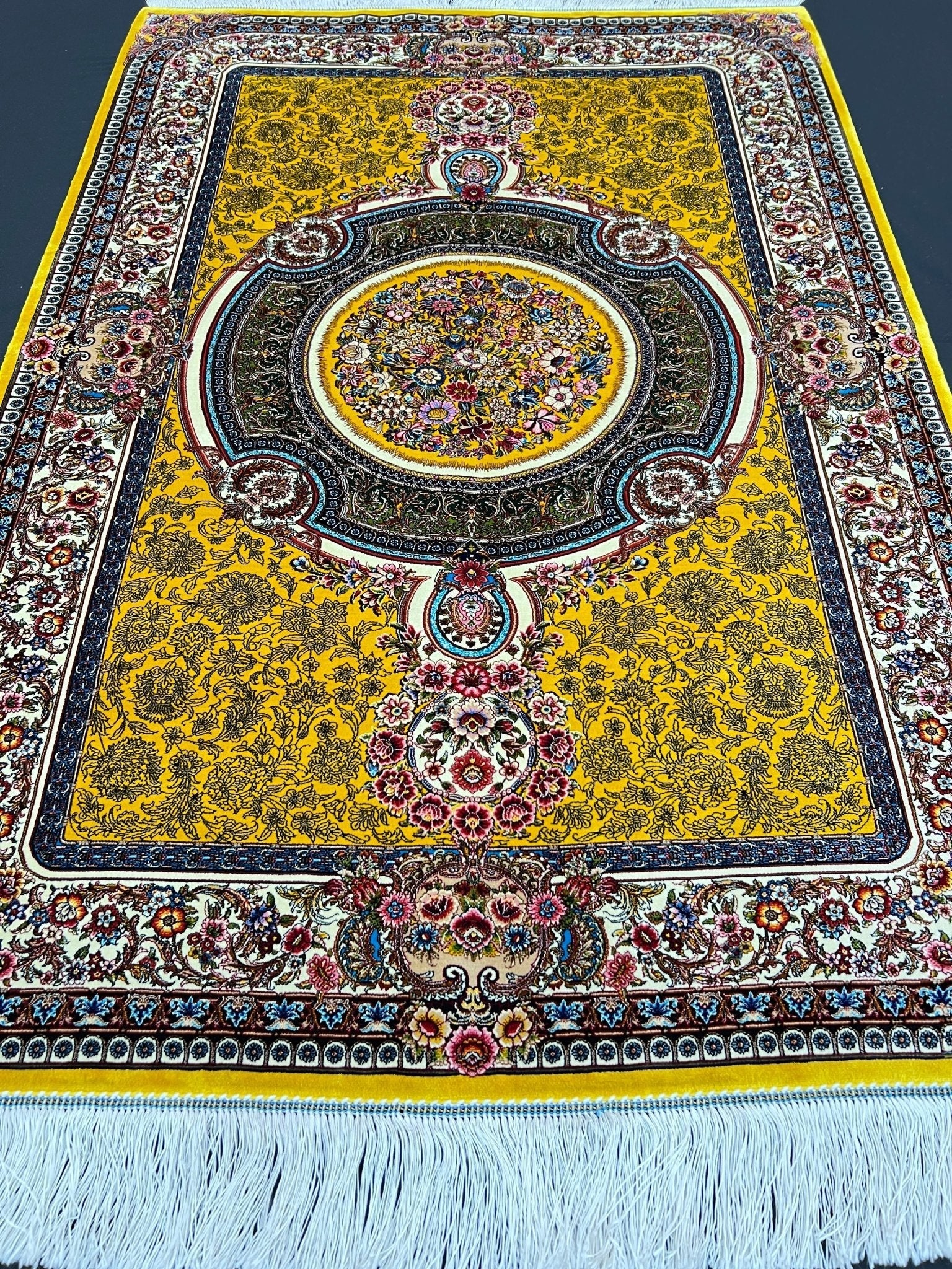 Yellow Floral Medallion Toranj Silk Rug