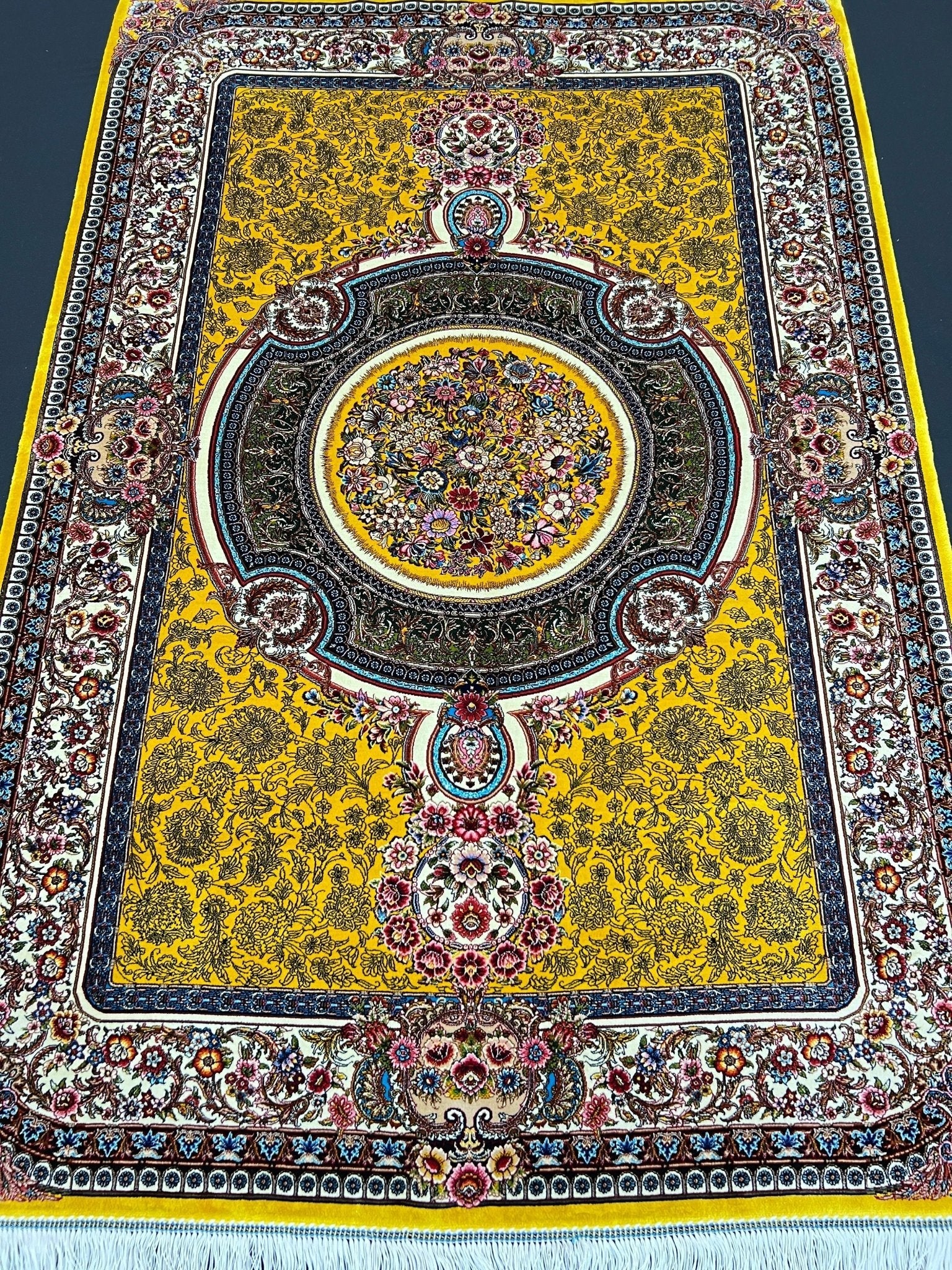 Yellow Floral Medallion Toranj Silk Rug